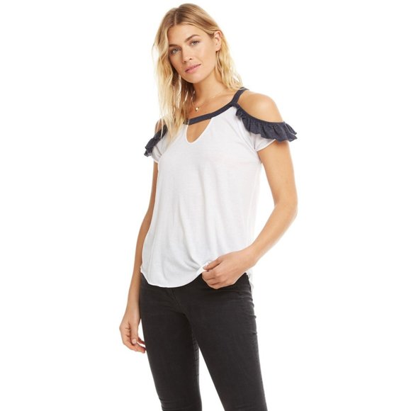 NEW Chaser Open Cold Shoulder Raglan Cutout Cutouts Ruffle Strappy Baseball Tee - Picture 1 of 8